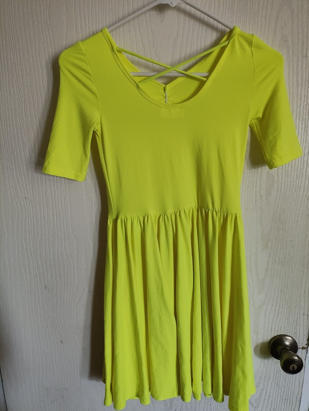 Girls Neon Yellow Short Sleeve Skater Dress with Crisscross Back